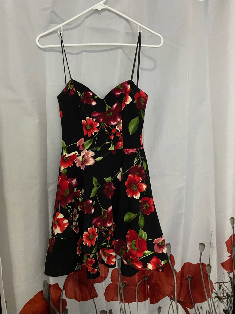 B Darlin Black Floral Ruffle Hem Occasion Dress with Red Bloom Size S.